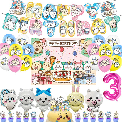 Chiikawa kawaii Happy Birthday Party Decorations Cute plate Banner Cake Topper Flag Balloons Disposable tableware Decorations