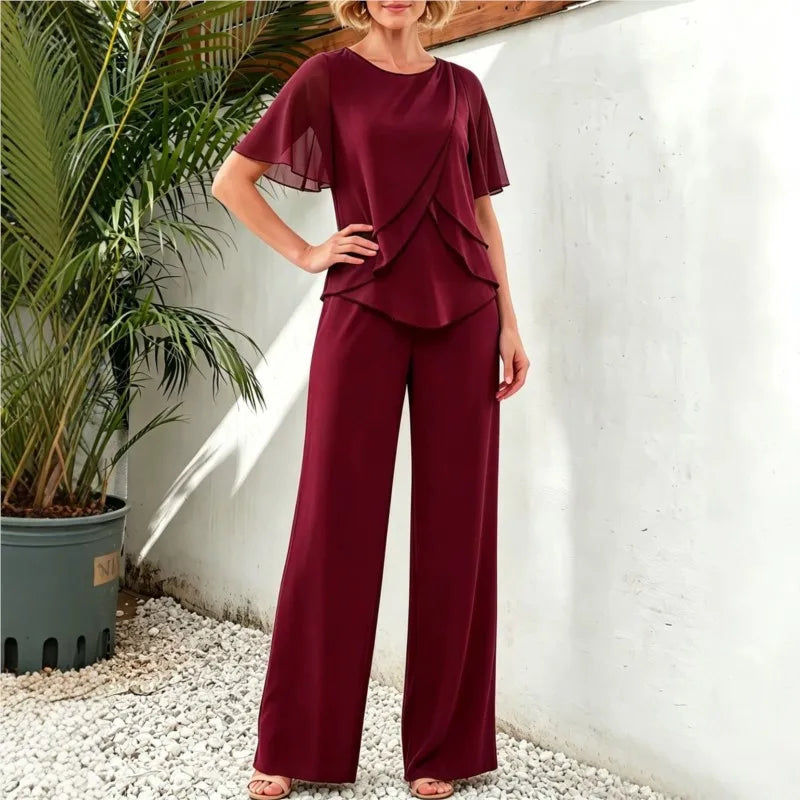 Women's Casual Pants Set Chiffon Breathable Solid Color Round Neck Short Sleeve Loose Irregular Top + Wide-leg Pants 2-piece Set