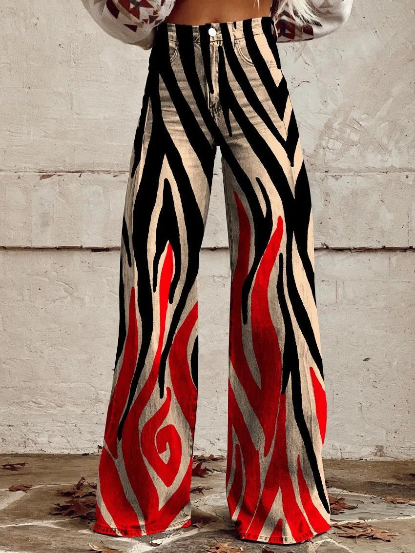 Women's 3D Printed Flare Jeans-Polyester Wide Leg Pants with Distressed Vintage Look, High Waist Comfort Fit for Street Fashion