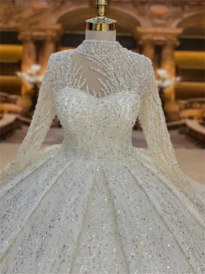 Customized Ball Gown Wedding Dresses High Neck Sequins Long Sleeve Dresses Arabic Bridal Gown Vestidos De Novia amanda novias