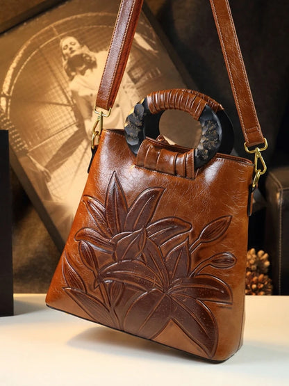 2024 New Women's Retro Oil Wax Leather Large Capacity Single Shoulder Bag Handbag Middle-Aged Ladies Bag Fashion Versatile