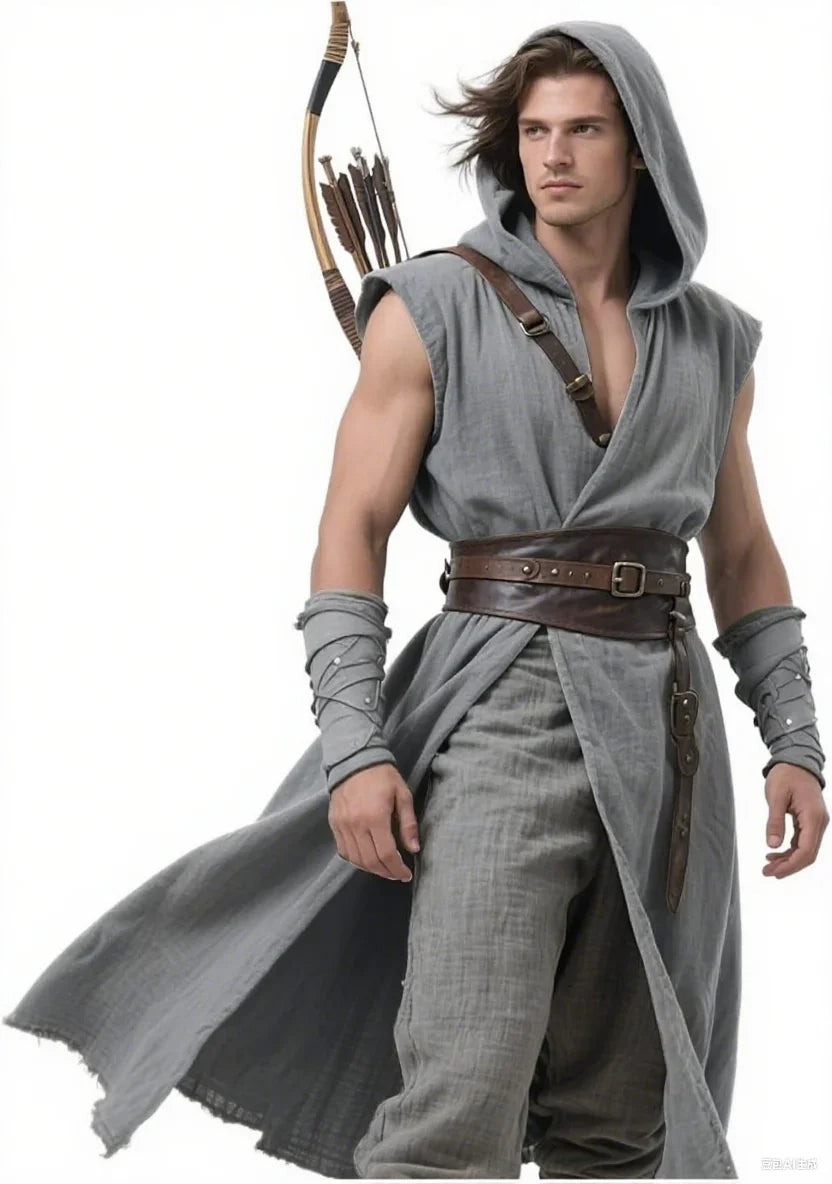 Men's Medieval Hooded Surcoat Renaissance Tabard Sleeveless Tunic Cloak Viking Costume Holloween Assassin Cosplay