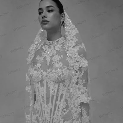 Ivory Lace Mermaid Wedding Dresses for Bride Removable High Neck Long Sleeve Backless Garden Beach Bridal Gown Customized