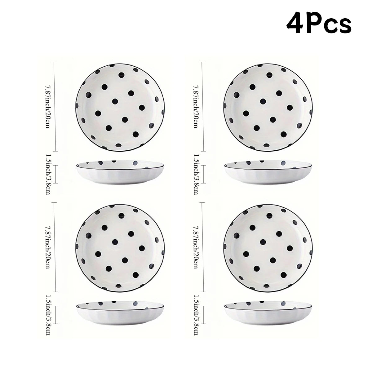 4Pcs Black Polka Dot Ceramic Plates Set,  Microwave Dishwasher Safe for Salad, Pasta, Dessert, Home Kitchen Tableware