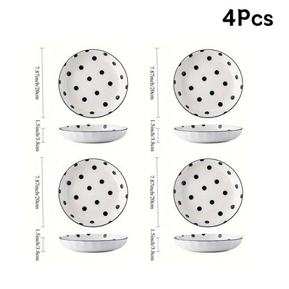4Pcs Black Polka Dot Ceramic Plates Set,  Microwave Dishwasher Safe for Salad, Pasta, Dessert, Home Kitchen Tableware