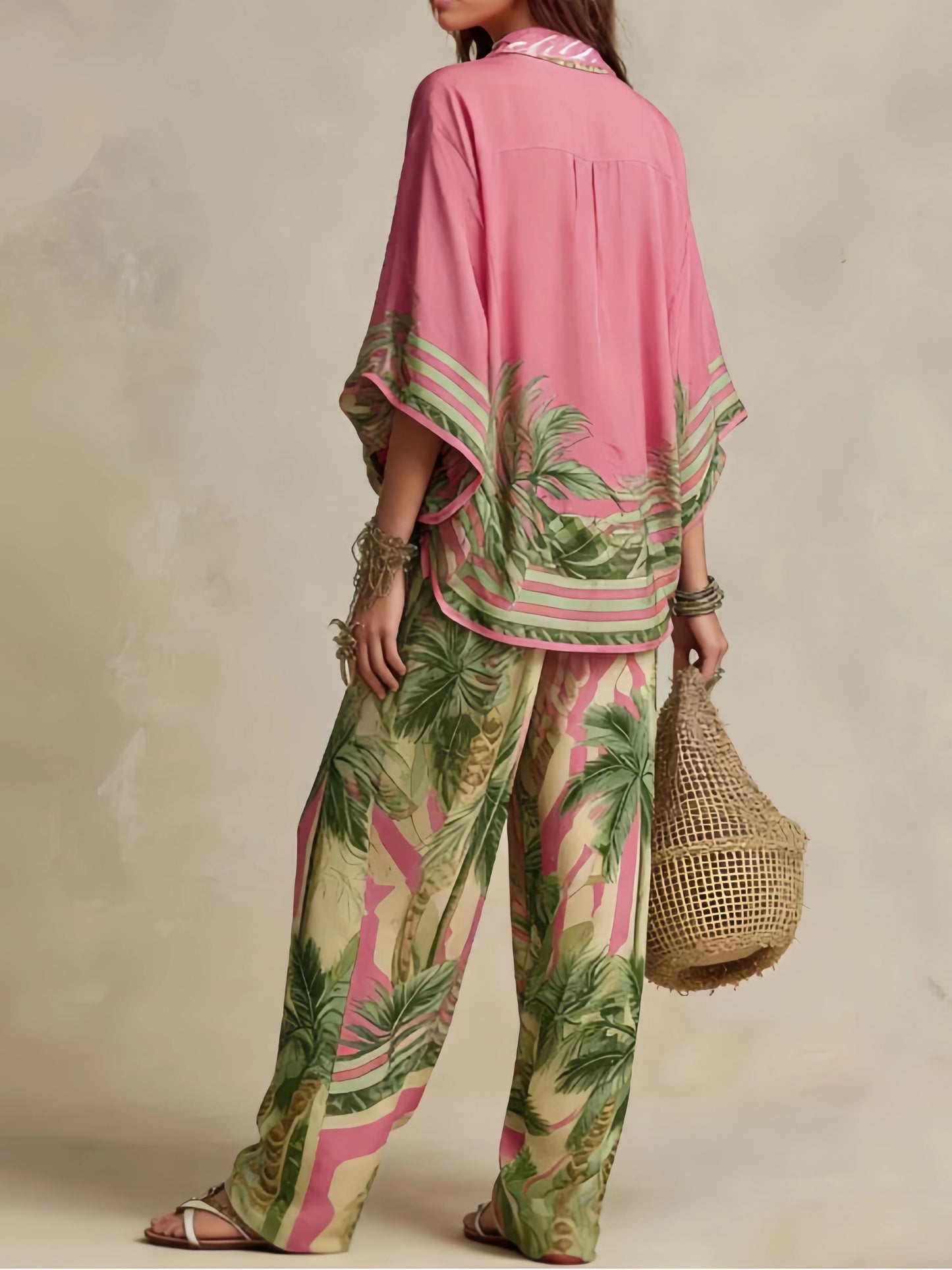 Fashion Color Print Two Piece Set Women Loose Batwing Sleeve Shirts Wide Legs Trousers 2 Piece Set Female Vacation Suits