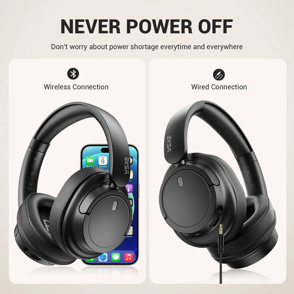 Bluetooth 5.3 Wireless Headphones 90H Playtime 40mm Drivers Over Ear Headset 3.5mm Wired Stereo Bass Pop Sound Modes Multipoint App Control Built In Mic Foldable 197g Deep Bass for iPhone Android PC Mac Music