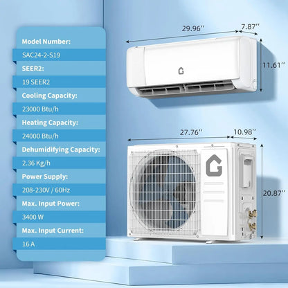 Air Conditioner, 24000 BTU Ductless Mini Split AC, Heating System, 19 SEER2, 208-230v, Cools, Heats 1500 Sq.Ft, Smart, Custom