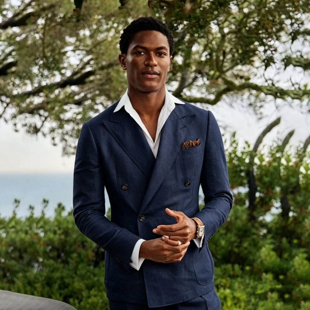 Summer Linen Double Breasted Suits for Men 2 Pieces Separates Blazer Pants for Beach Wedding Casual Party Guest Men Suits 2026