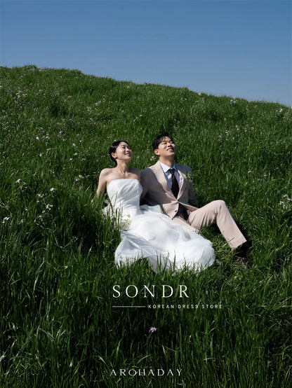 Sondr Elegant Ivory Organza Korean Wedding Snap Dress Strapless Puffy A Line Bridal Gowns Floor Length Outdoor Photography Gown