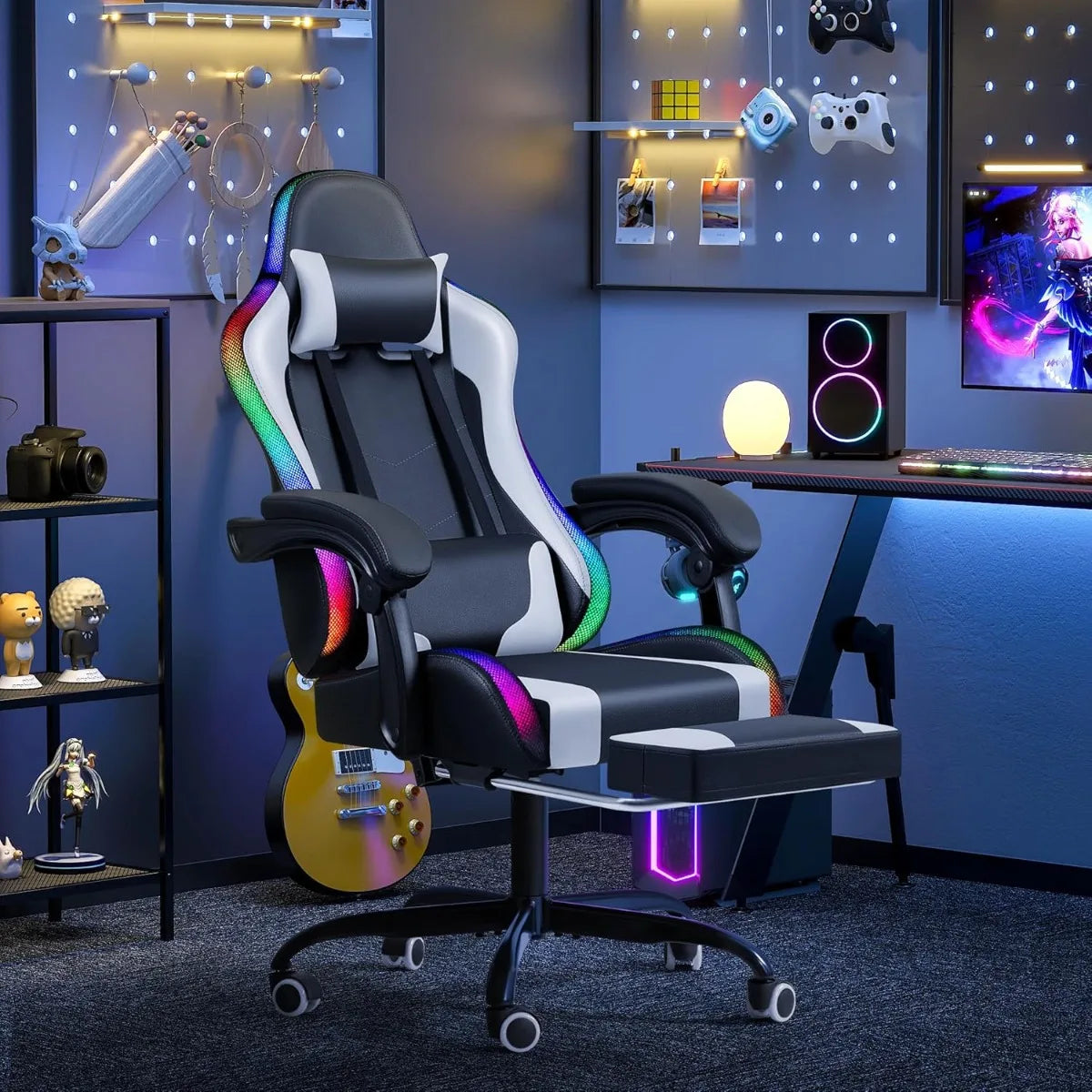 Chair with RGB LED Lights, Massage Lumbar Support & Footrest, Reclining High Back Computer Gamer Chair (White)