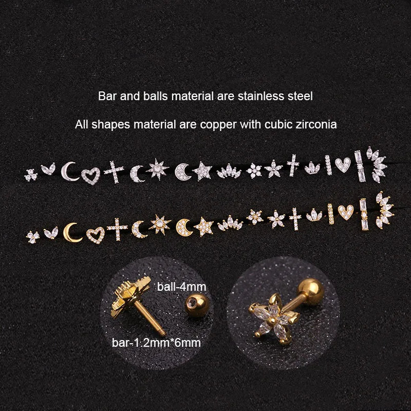 1PC Korean Stainless Steel Mini Zircon Cartilage Ear Stud Earrings For Women Moon Cross Flowers Helix Tragus Piercing Jewelry
