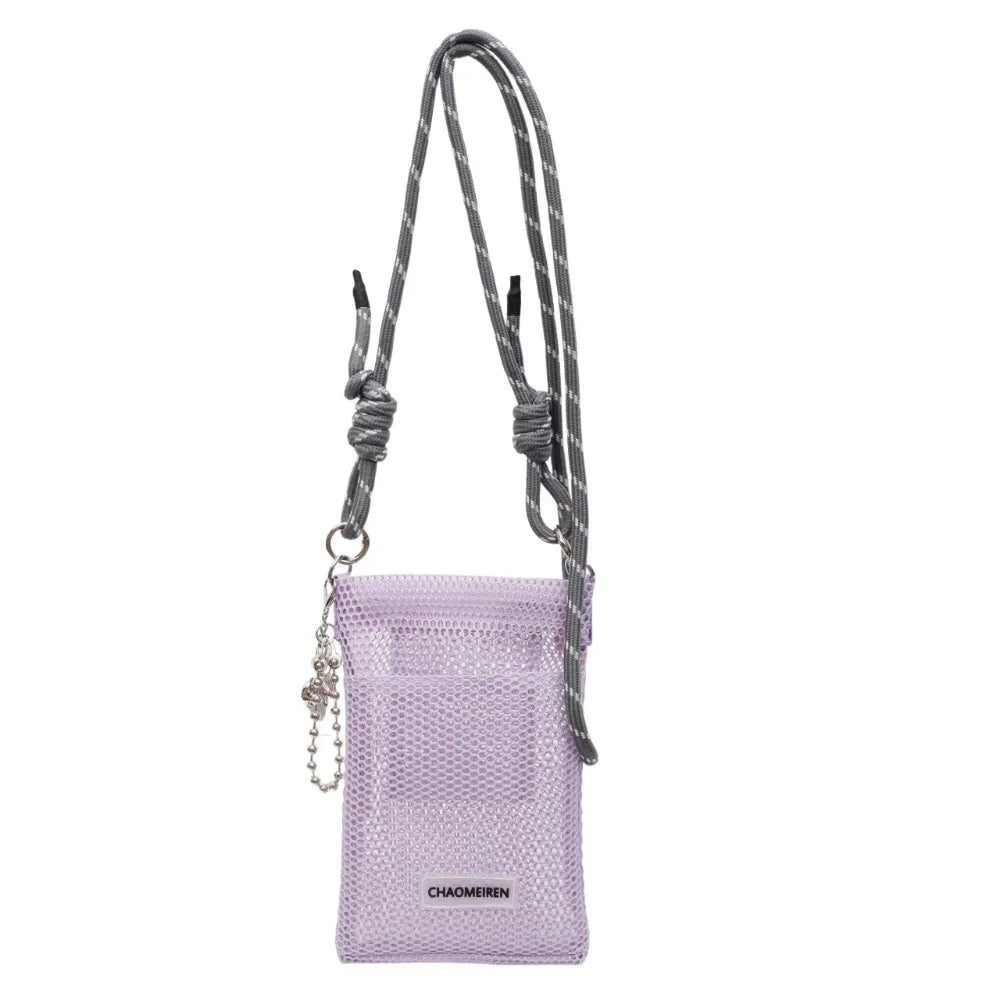 Cute Korean Nylon Mesh Wallet Teenager Hollow Shoulder Purse Bags Crossbody Solid Color Mobile Phone Bag Travel