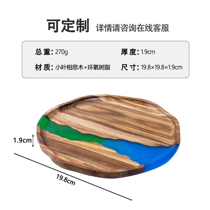 Acacia wood epoxy resin craft tray; tea tray; round plate; resin river; fireplace tray; home light luxury plate; wholesale