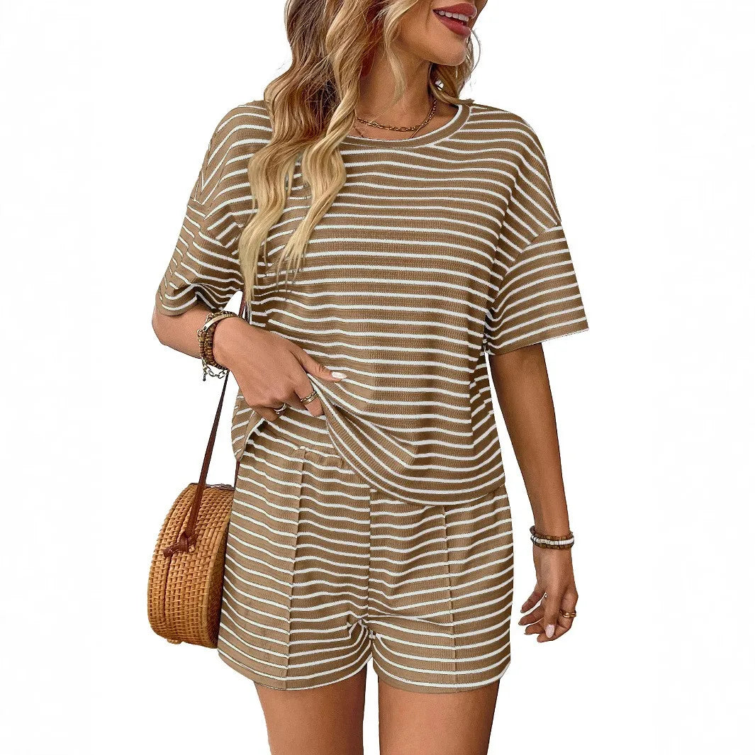 Summer Women's Suit Shorts Cotton Crop Top Short Pants High Waist Pleated Front Green White Striped Casual Shorts