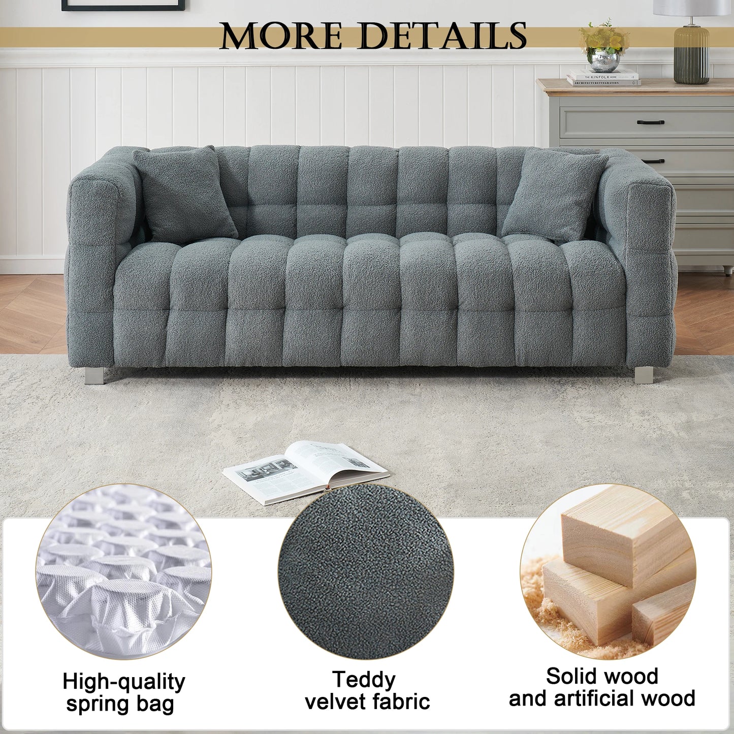 80-Inch Modern Teddy Fleece Sofa, With 2 Cushions 3-Seater  Sofa Suitable for Living Room Bedroom or Apartment Comfortable Deep-Set Leisure Furniture Wide Armrest Design Easy to Assemble