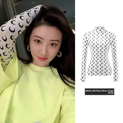 Sweet Two Piece Set Women American Retro Layered Outfit Long Sleeve Moon Print Top Ice Silk Pants Sexy Casual Autumn Fashion