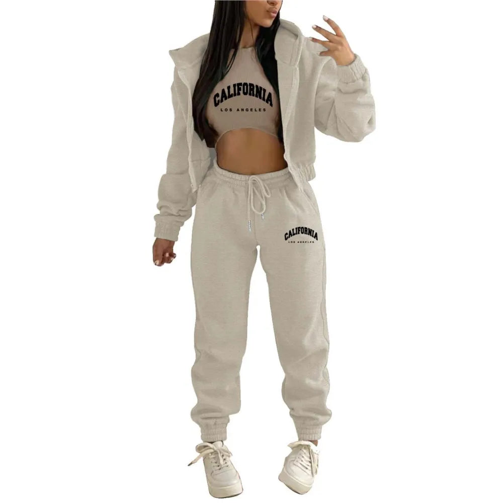 Autumn And Winter New Fleece Hoodie Letter Print Hooded Women's Suit Fashion Loose Casual Sports Pants Female 3 Piece Set 2024