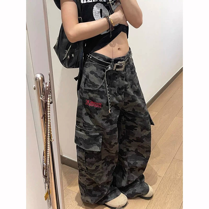 ZHIZOU Autumn Camouflage Baggy Cargo Pants Women High Rise Trousers Straight Wide Leg Oversize Pants Aesthetics Vintage Y2K jean