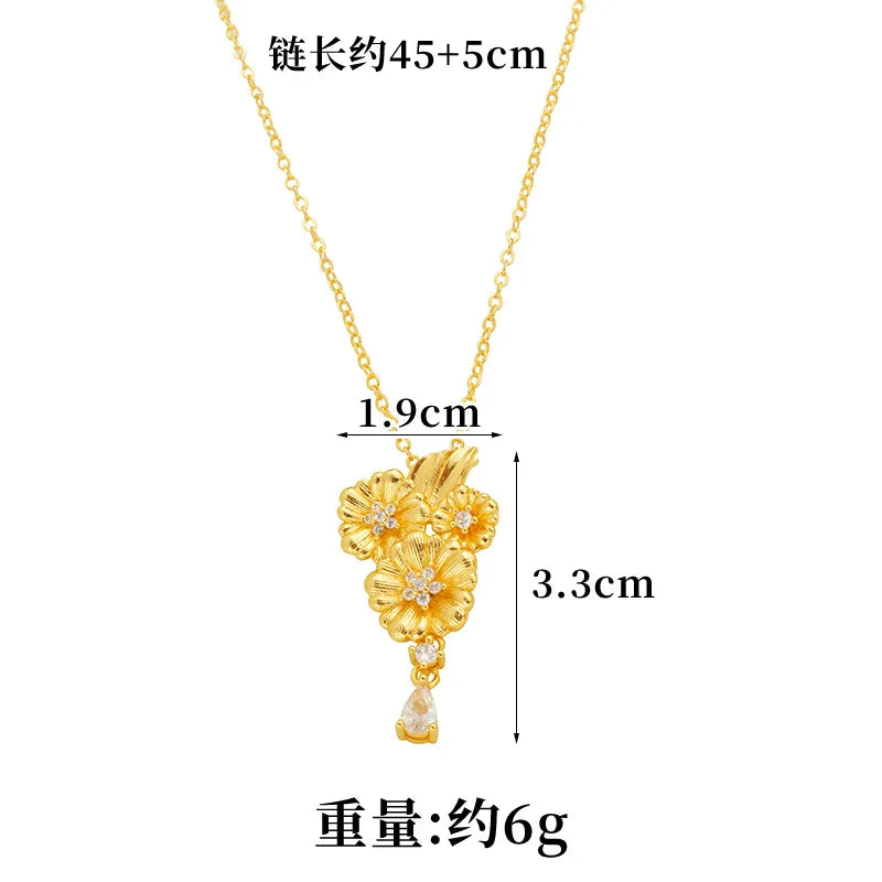 Low Key Luxury Jewelry Set For Women 24K Gold AU999 Matte soft luster highlights layered embossed diamond blooming flower