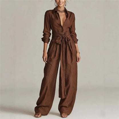 Temperament Female Two Piece Set Summer Fashion Lapel Strap Design Wide Leg Pants Suit With Pocket Lady High Waist Office Outfit