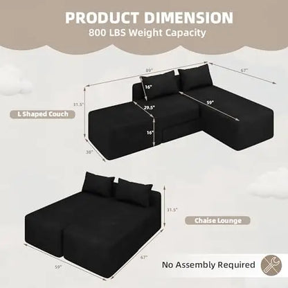 Boneless Sectional Couch, 4 in 1 Convertible Cloud Couch with Reversible Chaise & Deep Seat, Modular Sectional Sofa for