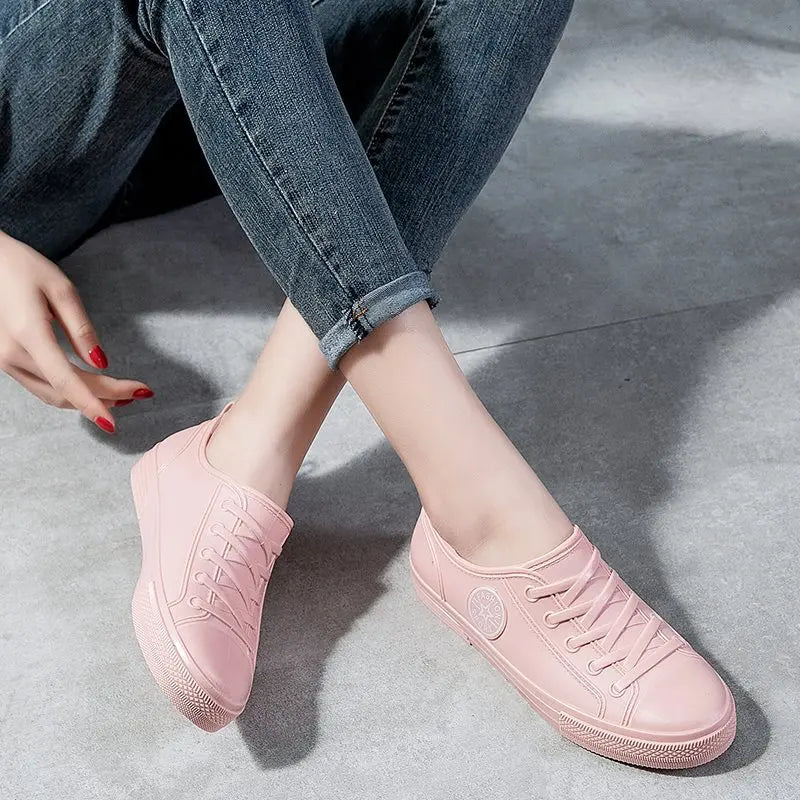 Pink Faux Fur Lined Rain Shoes Women's Warm Low Top Galoshes Woman Winter Waterproof Rubber Shoes Ladies Restaurant Work Flats