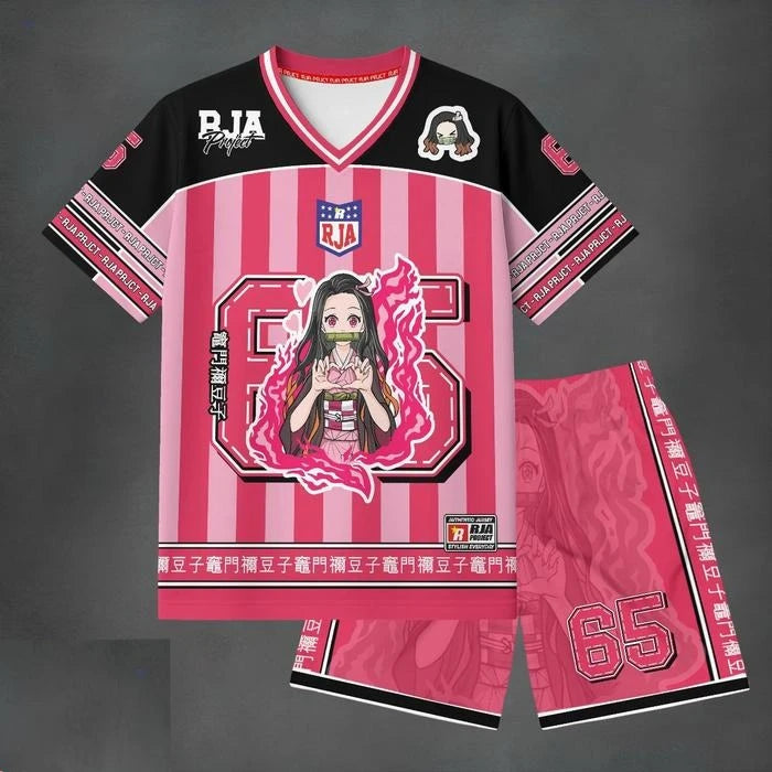 Demon Slayer Shinobu Kocho #67 Jersey 2-Piece Set Men's Anime Butterfly Wing Short Sleeve Tee and Shorts Casual Streetwear