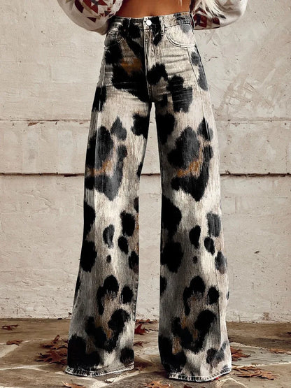Women's 3D Printed Flare Jeans-Polyester Wide Leg Pants with Distressed Vintage Look, High Waist Comfort Fit for Street Fashion