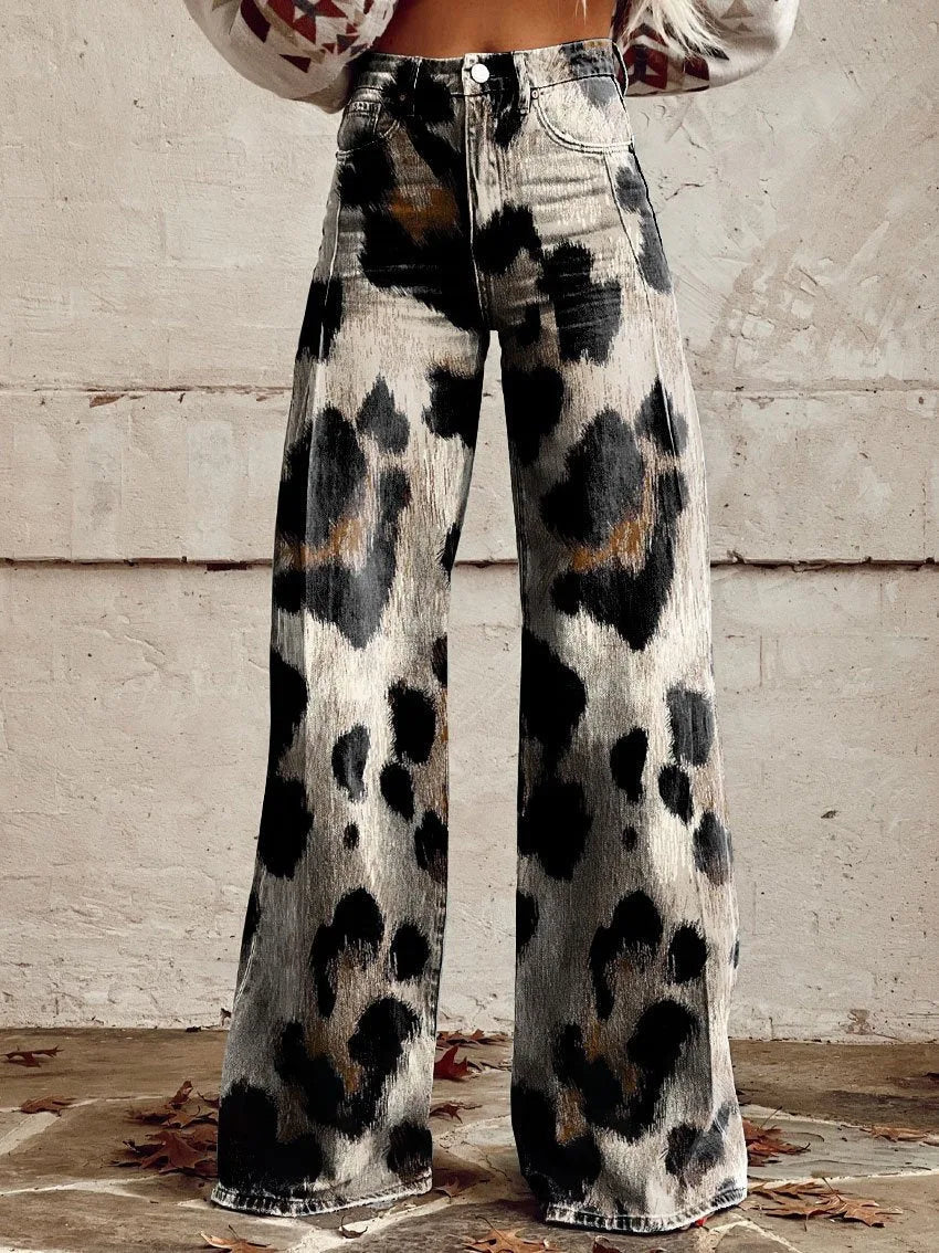 Women's 3D Printed Flare Jeans-Polyester Wide Leg Pants with Distressed Vintage Look, High Waist Comfort Fit for Street Fashion