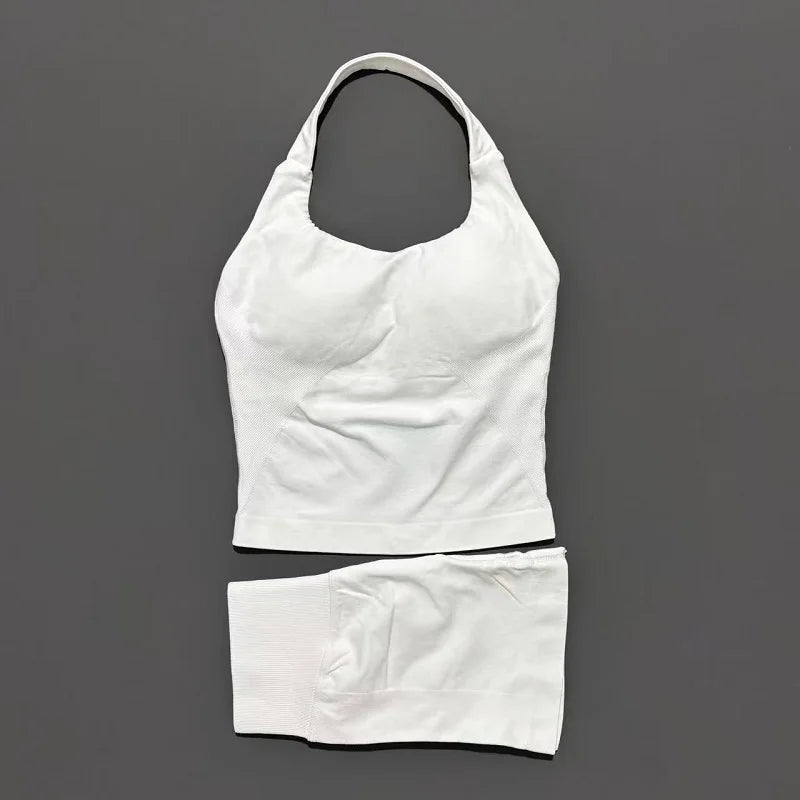 2 Pieces Shorts Yoga Set Women Backless Halter Tops High Waist Seamless Shorts Gym Suit Fitness Sportswear Workout Sets