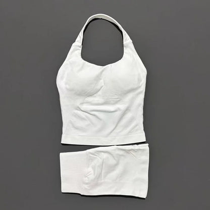 2 Pieces Shorts Yoga Set Women Backless Halter Tops High Waist Seamless Shorts Gym Suit Fitness Sportswear Workout Sets