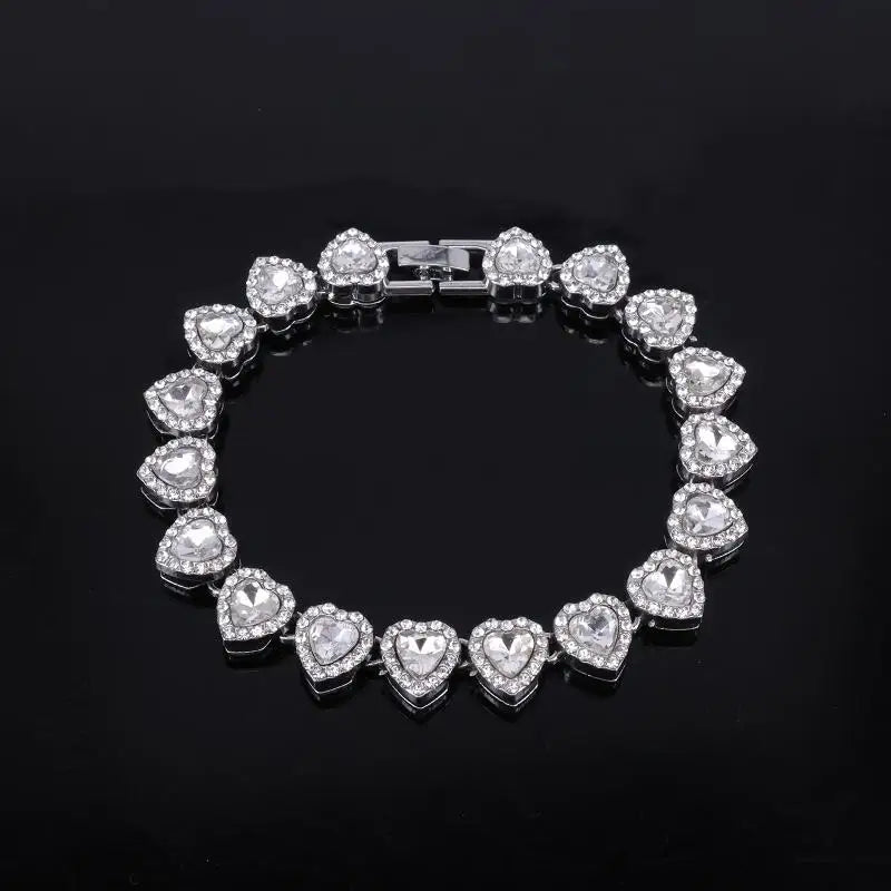 45CM New Hip Hop Tennis Chain Bracelet Necklace Shiny Heart Rhinestone