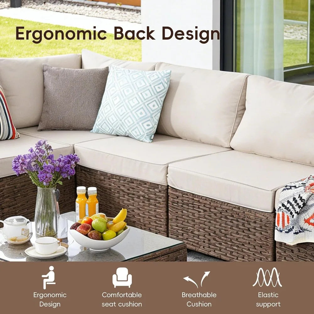 7-Piece All-Weather Wicker Outdoor Sectional Sofa with Coffee Table for Porch, Custom
