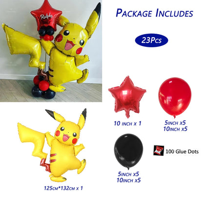 1set Cartoon Pokemon Pikachu Theme Foil Balloons Set Red Black Latex Balloon Kids Birthday Baby Shower Party Decora Supplies
