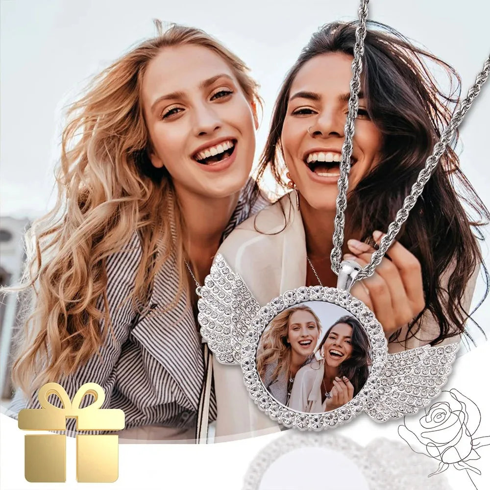 Custom Angel Wing Round Photo Necklace -Personalized Unforgettable memories Picture Pendant Jewelry Perfect for Anniversary Gift