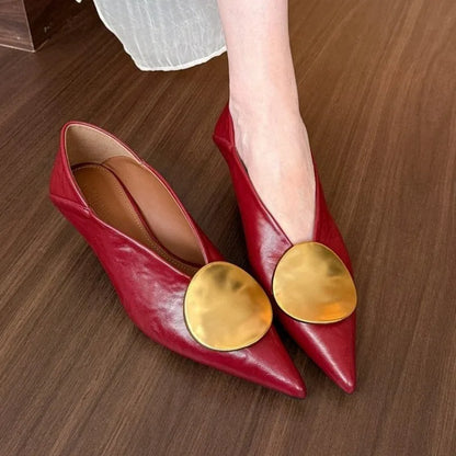 New Designer Pointed Toe Women High Heel Shoes Fashion Gold Metal Shallow Slip on Single Shoes Thin Low Heel Dress Pumps