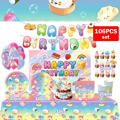 Squishy Bao Bun Themed Birthday Party Decorations Set Tableware Paper Plates Cups Cute Squishy Gift Bags Balloon Banner Supplies