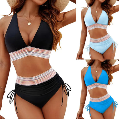 2026 Women's Shoulder High Waist Split Bikini Swimwear Swimsuit Set with Chest Cushion and Adjustable Shoulder Straps