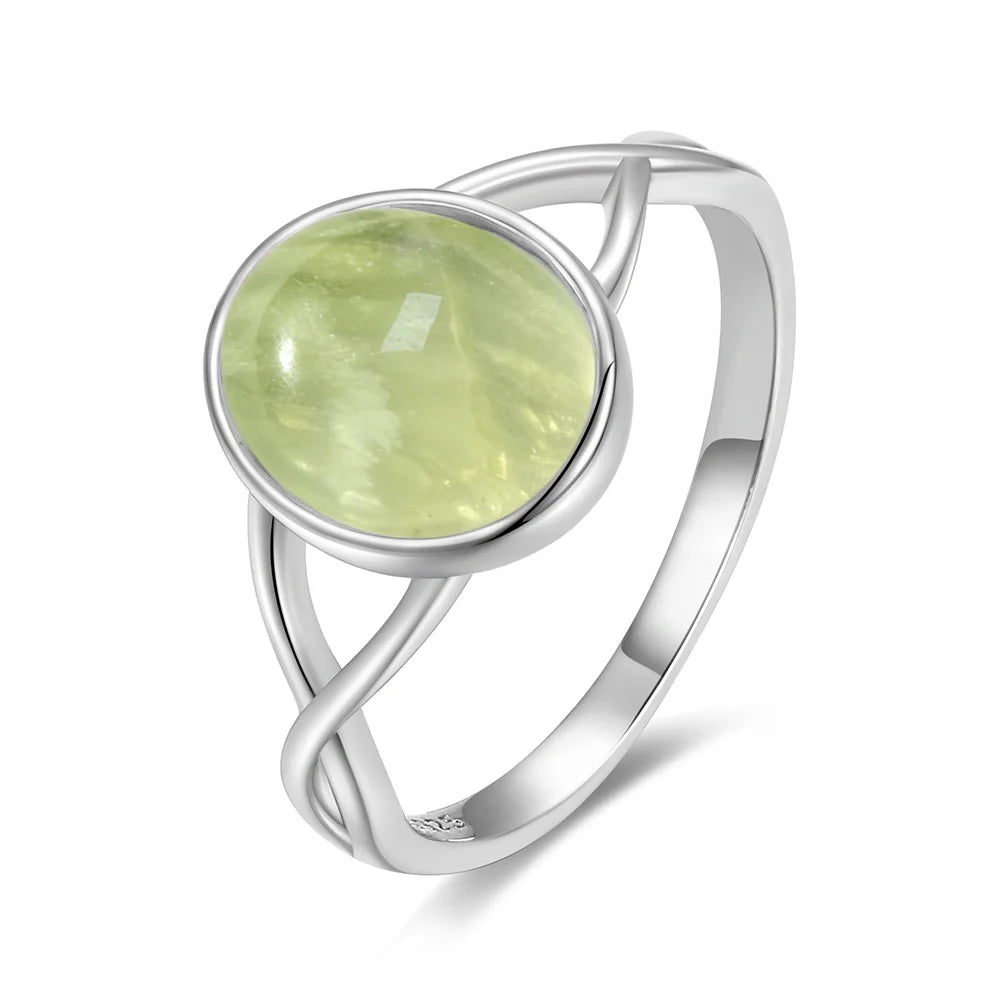925 Sterling Silver Ring With Natural Prehnite Stone 8*10mm Oval Shape With Crystal Flower Design Gifts Fine Jewelry For Women