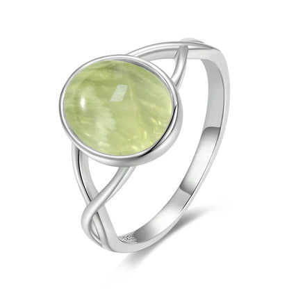 925 Sterling Silver Ring With Natural Prehnite Stone 8*10mm Oval Shape With Crystal Flower Design Gifts Fine Jewelry For Women