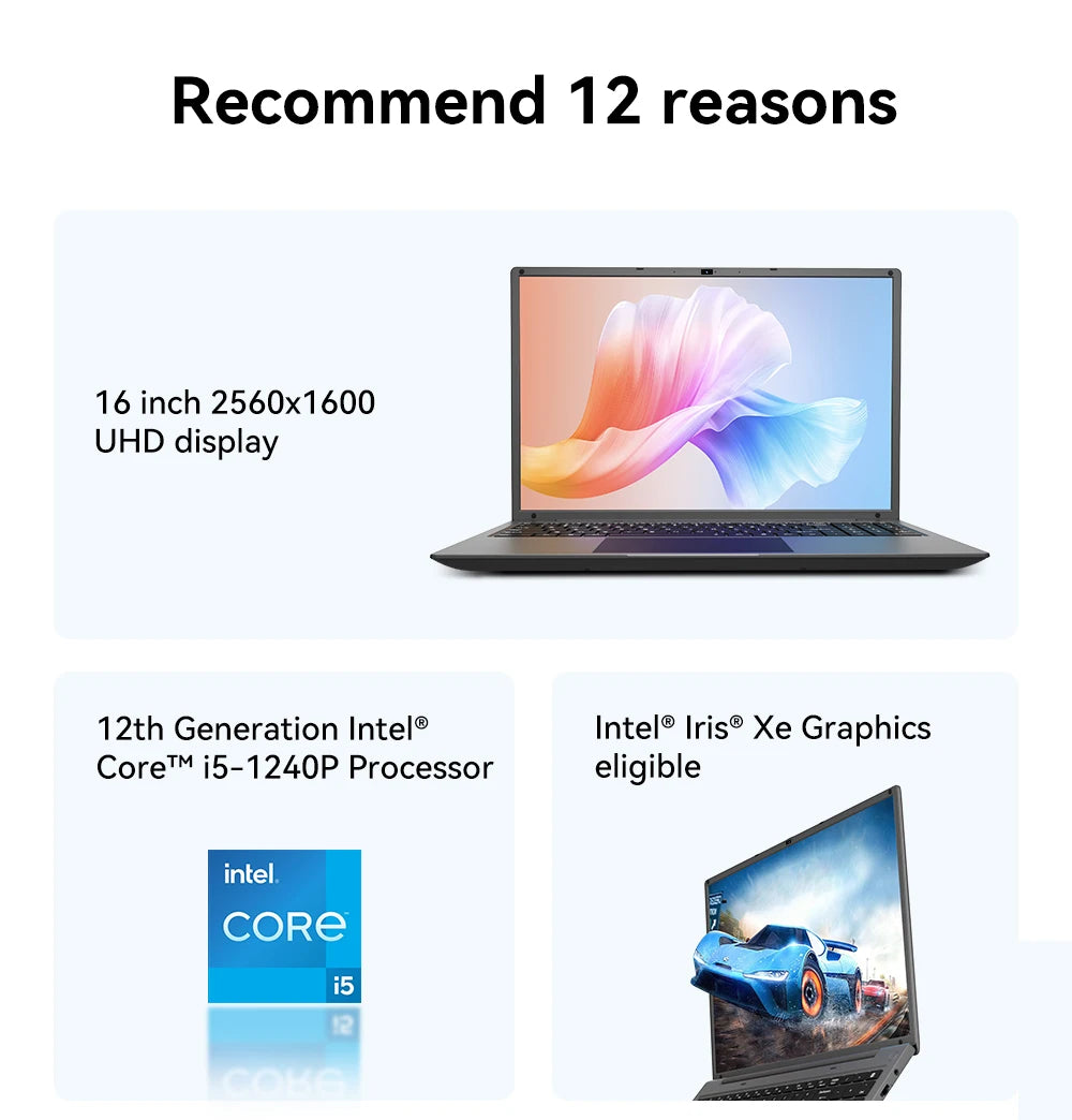 16 Inch Laptop Intel Core I5-1240P CPU 2.5K IPS Display Windows 11 Notebook Portable Business Laptop 16GB RAM 512GB/ 1TB ROM For Student, Business, USA Local Shipping