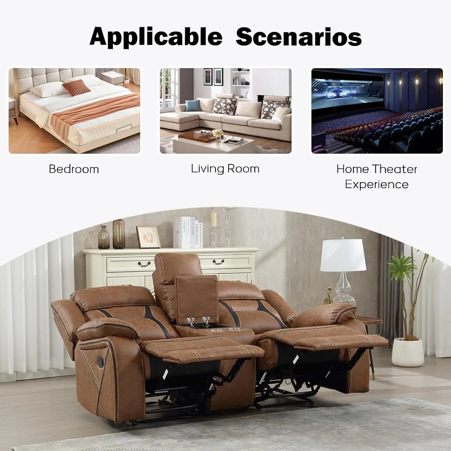 Faux Leather Manual Loveseat Recliner, 2 Seat Reclining Sofa Chair with Center Console, Hidden Storage and Cup Holders,, Custom