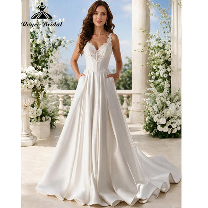 Roycebridal Elegant Sweetheart Lace A Line Wedding Dresses 2027 Flowers Lace Satin Beach Bridal Gown Customized vestido de novia
