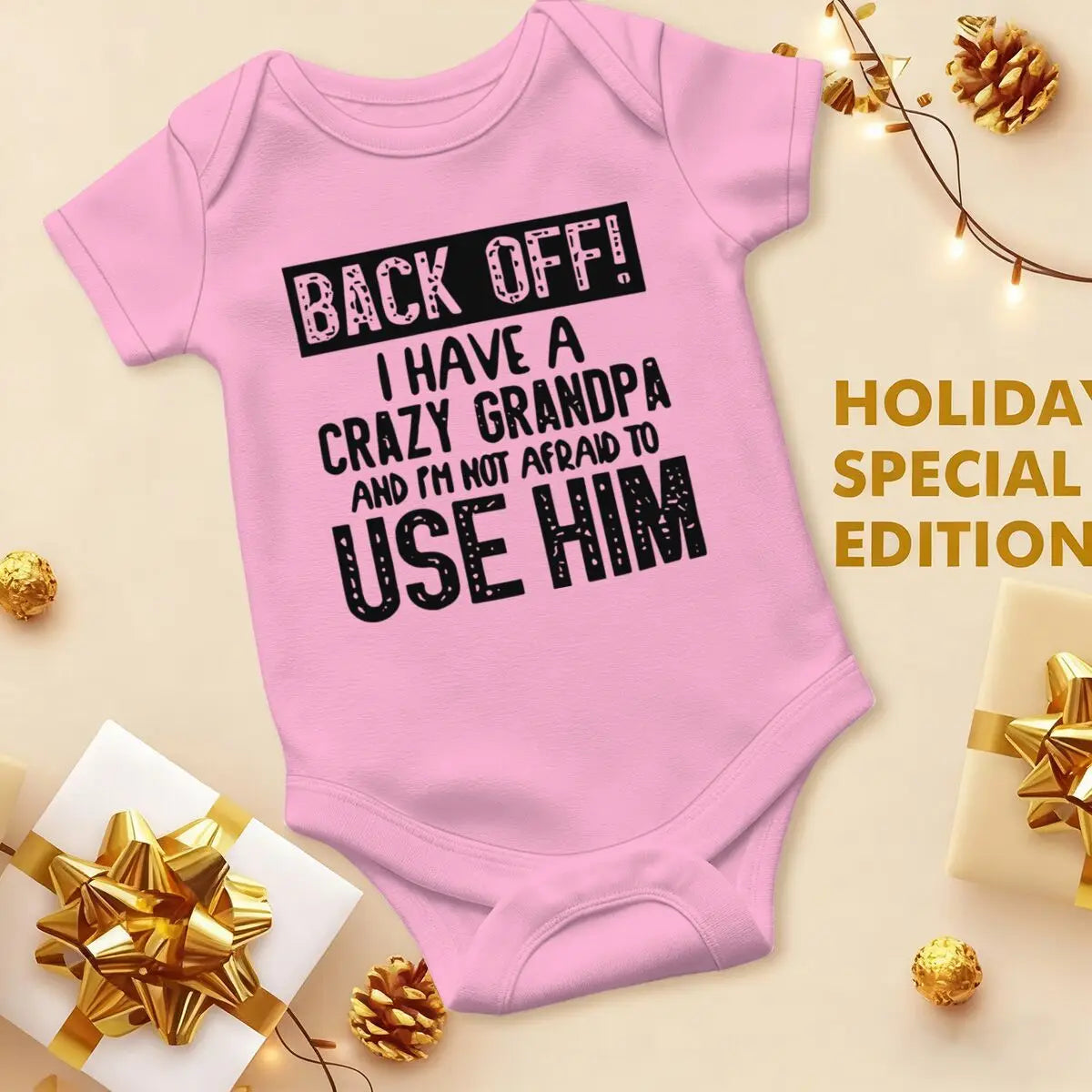 Cute Cotton Baby Bodysuit with "Back Off! I Have A Crazy Grandpa" Print Short Sleeve Baby Girl Boy Jumpsuit Kids Cotton Clothes