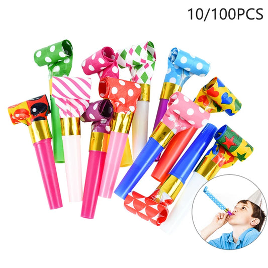 10/100PCS Colorful Blowout Whistle Blow Roll Toy Kids Birthday Party Favors Gifts Cheer Props Pinata Filler Baby Shower Supplies