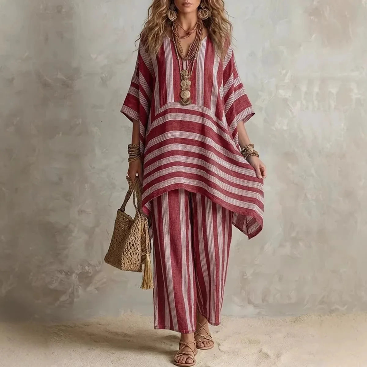 New Women's Two Piece Spring/summer Fashion V-Neck Loose Striped