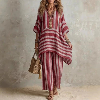 New Women's Two Piece Spring/summer Fashion V-Neck Loose Striped