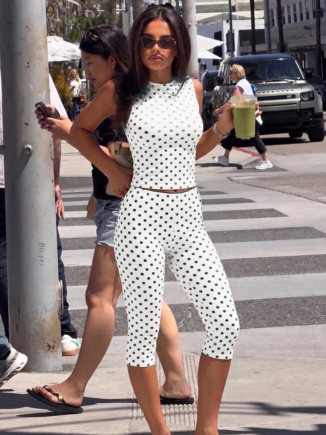 Dulzura Polka Dot Casual Sports 2 Piece Long Pants Set Backless Tank Top Slim Fit Long Pants Matching Set Vacation Street Outfit