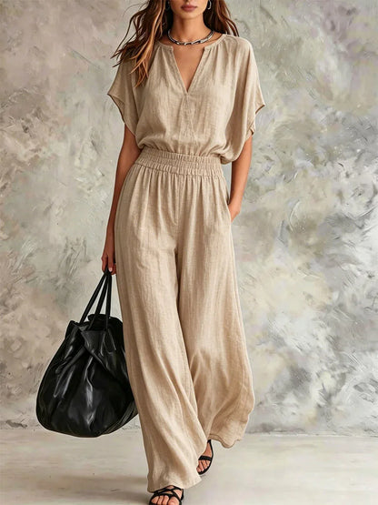 Women Casual Cotton Linen 2 Piece Outfit Summer Loose V Neck Short Sleeve Top Elastic High Waist Wide Leg Pants Set With Pockets